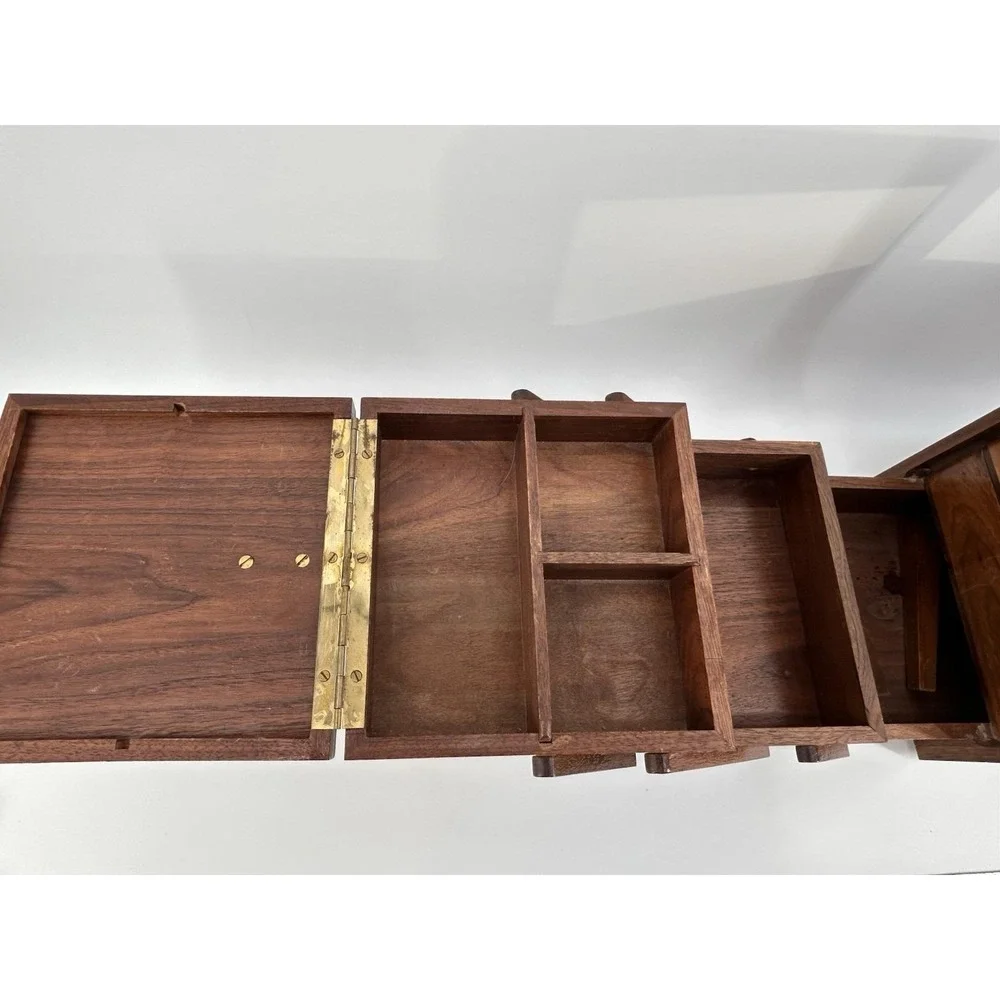 Vintage Mid Century Wooden Accordion Fold Out Sewing Box Cantilever Sewing Box